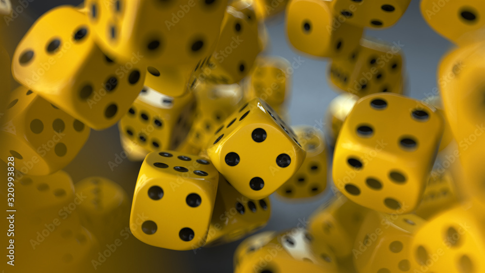 Poster 3d render many yellow dice with black dots fly on a white background with the depth of field. close-