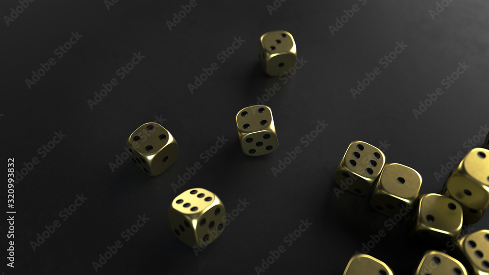 Poster 3d render many gold dice with black dots lie on a black plate with the depth of field.