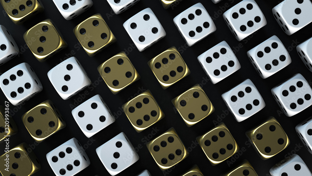 Poster tightly packed diagonal isometric grid of gold and white dice. 3d render.