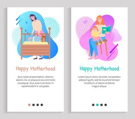 Happy motherhood, mom reading book with daughter, mother caring of sleeping newborn in bed, parent and child character at home, maternity vector. Website or slider app, landing page flat style