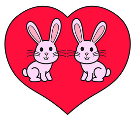 Cute pink bunnies, on a red heart, a symbol of love, Valentine's Day gift, greeting card, printable sticker.