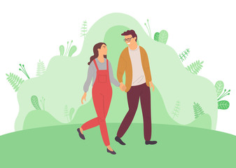 Obraz na płótnie Canvas Young family spend time together, attraction and accumulation of capital. Vector smiling man and woman, happy couple on background of green leaves