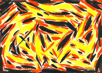 Hand drawn watercolor gouache bright colorful abstract background. Black, yellow-orange stripes, brush strokes in a chaotic mess.