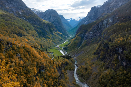 View of the canyon and the Stalheim valley, the mountain Sugar head. Norway's autumn landscape