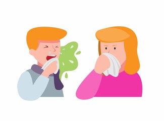 man sick influenza sneeze between girl close their nose, airborne disease on people cartoon flat illustration vector