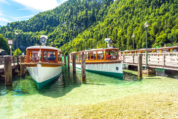 Naklejka premium Konigssee lake ferry ship docked at Schonau port, Bavaria, Germany