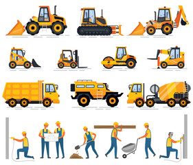 Construction equipment and people working on building vector. Workmen wearing uniforms, tractor and van, bulldozer and cement mixer, engineers with plan. Special machines for building work