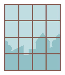 Square opening in wall at house, apartment or office. Brown plastic or wooden frame glazed, covered in transparent material. Simple window with city view from it. Vector illustration in flat style