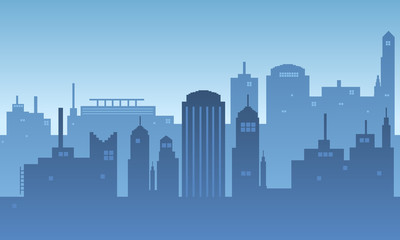 Obraz premium Sylwetka miasta w słoneczny poranek z dużą ilością wysokich budynków