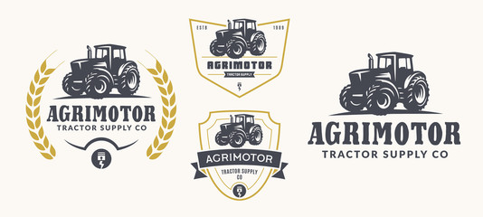 Set of farm logo, emblems, and badges. Simple line tractor illustration for rental, repair business. © dmaryashin