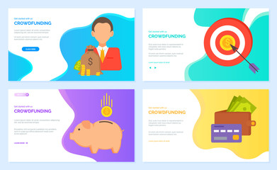 Crowdfunding vector, person with bag of money, target aim with arrow. Wallet with financial assets, pig and golden coin, credit card investment. Website or webpage template, landing page flat style