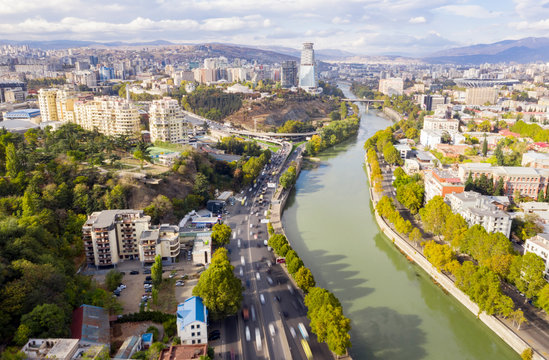 Tbilisi day aerial view, Mtkvari river