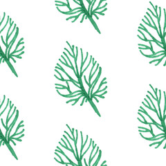 Fir tree pattern. Seamless contour pattern of green spruce branches. Illustration for wallpaper,   packaging, fabric on a white background. Leaves are drawn by a green liner