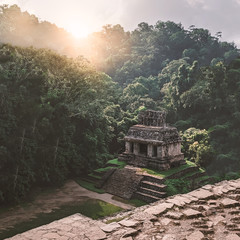 Sunrise at the Mayan temple in Palenque, Mexico