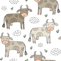 Seamless texture with funny cows and hand drawn elements.