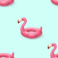 Flamingo seamless pattern. Pink inflatable swimming pool rings on blue background. Vector float summer beach or pool toys template..