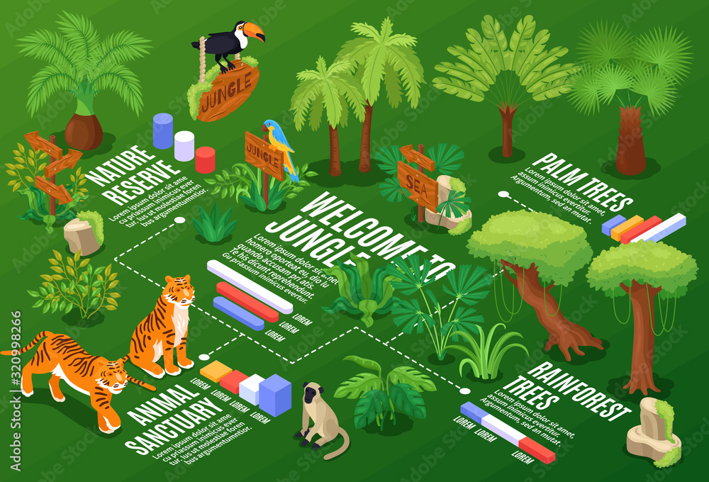 Poster isometric jungle flowchart composition