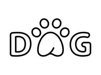 Title Dog with paw print instead of letter o. Linear wordmark text logo. Black cute illustration. Contour isolated vector image on white background. Lettering for veterinary clinic, pet shop, products