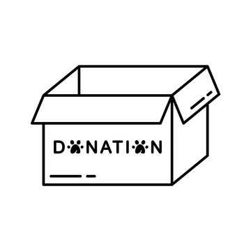 Open empty box with text donation. Linear icon. Black simple illustration. Contour isolated vector image on white background. Symbol for Help animals, pets, wildlife