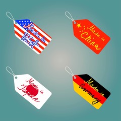 Tags set. Countries Germany, USA, China, Japan hand lettering on the tag.Flat design on a grey background.Vector image.