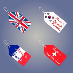 Tags set. Countries Russia, Greece, Pakistan, Brazil hand lettering on the tag.Flat design on a grey background.Vector image.
