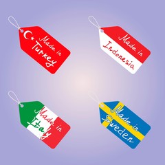 Tags set. Countries Indonesia, Turkey, Sweden, Italy hand lettering on the tag.Flat design on a grey background.Vector image.