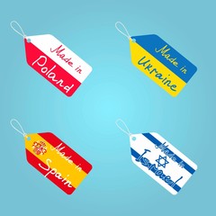 Tags set.Israel, Poland, Spain, Ukraine hand lettering on the tag.Flat design on a grey background.Vector image.