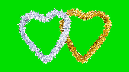 Silver and gold heart shaped garland with green background