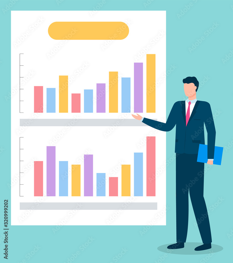 Poster worker male presenting growth statistic on graph report. business strategy of employee man in suit s