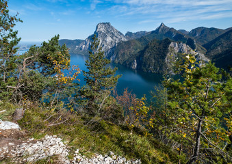 Peaceful autumn Alps mountain Traunsee lake view from Kleiner Sonnstein rock summit, Ebensee, Upper Austria.