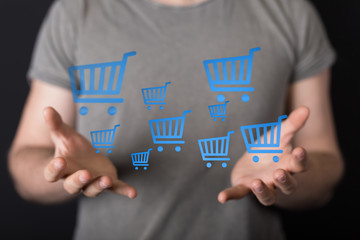 Online shopping business concept selecting shopping cart.