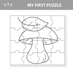 Cartoon white mushroom with leaves. Paper game My first puzzle for children and kids - Coloring book