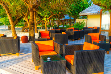 A cozy restaurant on the shores of the azure sea. Maldives