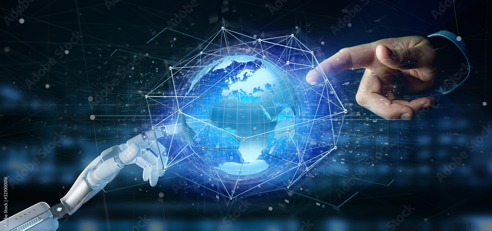 Poster cyborg hand holding a connected network over a earth globe concept on a futuristic interface - 3d re