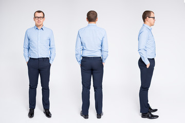 front, back and side view of businessman over gray background - Powered by Adobe