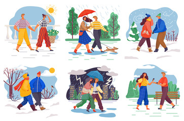 Fototapeta premium Collection of people wearing seasonal clothes walking in park, forest or city. Female and male character on date. Set of personages in winter and summer, spring and autumn. Vector in flat style