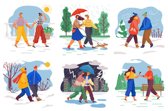 Collection of people wearing seasonal clothes walking in park, forest or city. Female and male character on date. Set of personages in winter and summer, spring and autumn. Vector in flat style