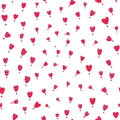 Bright seamless pattern of red hearts with blue polka dots on a white background. Cute romantic pattern for your holiday design.