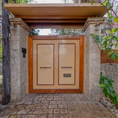 Fototapeta na wymiar modern house external entrance wooden door, Athens Greece