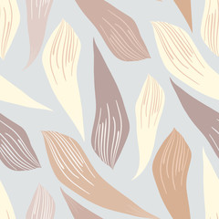 Beige, cream white and caramel brown leaves modern hand drawn background. Seamless foliage vector pattern on dove grey backdrop. Elegant repeat for health, cosmetics packaging, stationery, home decor