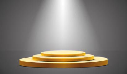 Golden podium in the background with spotlights. Vector illustration.