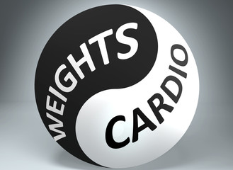 Weights and cardio in balance - pictured as words Weights, cardio and yin yang symbol, to show harmony between Weights and cardio, 3d illustration