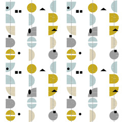 Nahtloses Muster des abstrakten geometrischen Vektors, inspiriert von modernen Stoffen der Mitte des Jahrhunderts. Einfache Formen und Linien in Retro-Pastellfarben und strukturiertem Hintergrund. Die Schnittmaske wird für die einfache Bearbeitung verwend