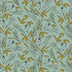 Floral vector seamless pattern with  flowers, berries, leaves and twigs. Beautiful hand drawn bouquets in pastel colors in vintage style.