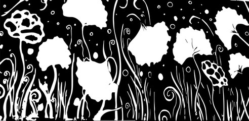 vector monochrome floral banner - white flowers on black background.