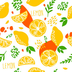 Contemporary seamless pattern with lemon, lemon slice, leaves and abstract element. Texture for textile, wrapping paper, scrapbooking, packaging etc. Vector.