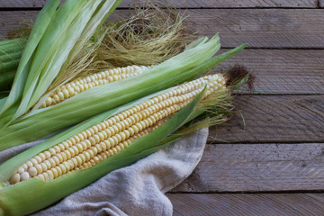 Fresh and young corn on the cob on a wooden background. concept of agriculture, production and new harvest. The view from the top. space for text.