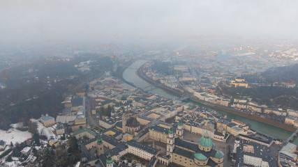 Aerial view of Salzburg old town and Hohensalzburg Fortress. View on City and river from above 