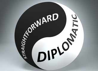 Straightforward and diplomatic in balance - pictured as words Straightforward, diplomatic and yin yang symbol, to show harmony between Straightforward and diplomatic, 3d illustration