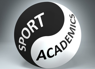 Sport and academics in balance - pictured as words Sport, academics and yin yang symbol, to show harmony between Sport and academics, 3d illustration